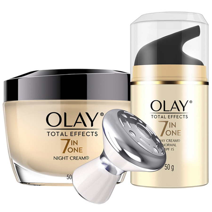 Combo Kem Dưỡng Ngày Đêm Olay Total Effects Ngăn Ngừa 7 Dấu Hiệu Lão Hóa  50g - Tặng Cây Massage Mặt Lăn Từ Tính Cao Cấp