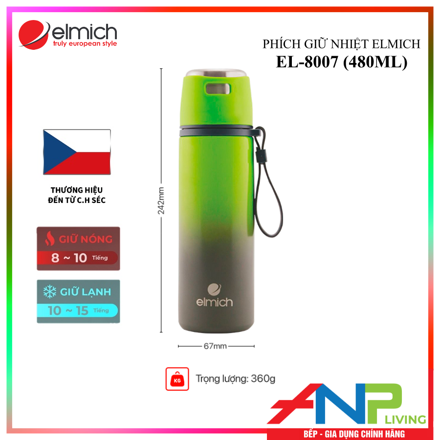 Phích Giữ Nhiệt 3 lớp Inox 304, Tráng bạc Elmich EL-8007 (Dung tích 480ml / Giữ Nóng 8h - Giữ Lạnh 12h / Có Quai Xách Tiện Lợi) - Hàng Chính Hãng