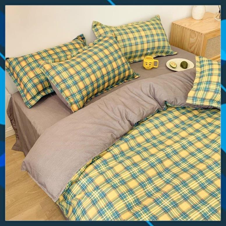 Bộ chăn ga Cotton Poly kẻ xanh vàng, vỏ chăn mền, drap giường và 2 vỏ gối