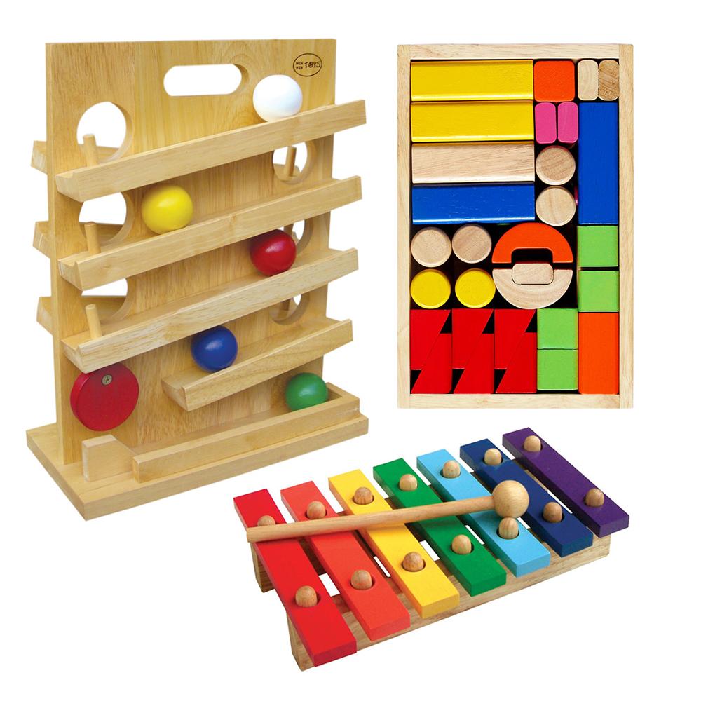 Bộ xếp hình lâu đài + trò chơi lăn banh + đàn mộc cầm bằng gỗ 7 thanh (Combo 3 món đồ chơi gỗ phát triển trí tuệ cho bé)