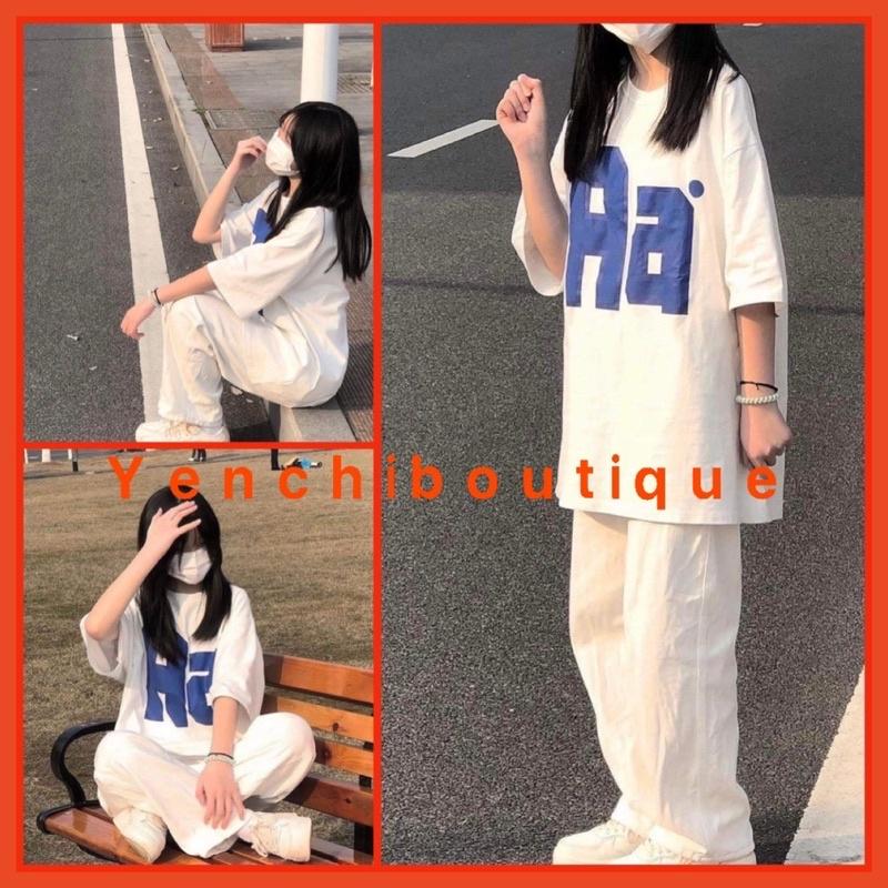 Bộ Thun Chữ A Culottes trắng Nữ  Set áo phông tay lỡ kèm quần suông ống rộng form oversize Ulzzang