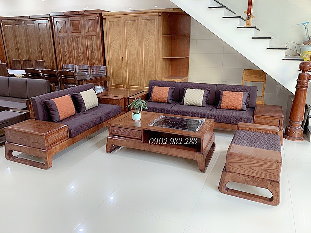 Bộ bàn ghế sofa gỗ 2 văng lớn gỗ sồi G03