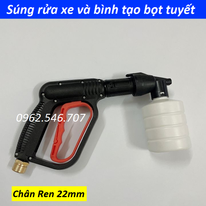 Combo Bộ súng rửa xe áp lực cao và bình xịt tạo bọt tuyết cho máy rửa xe áp lực cao ren ngoài 14mm hoặc 22mm