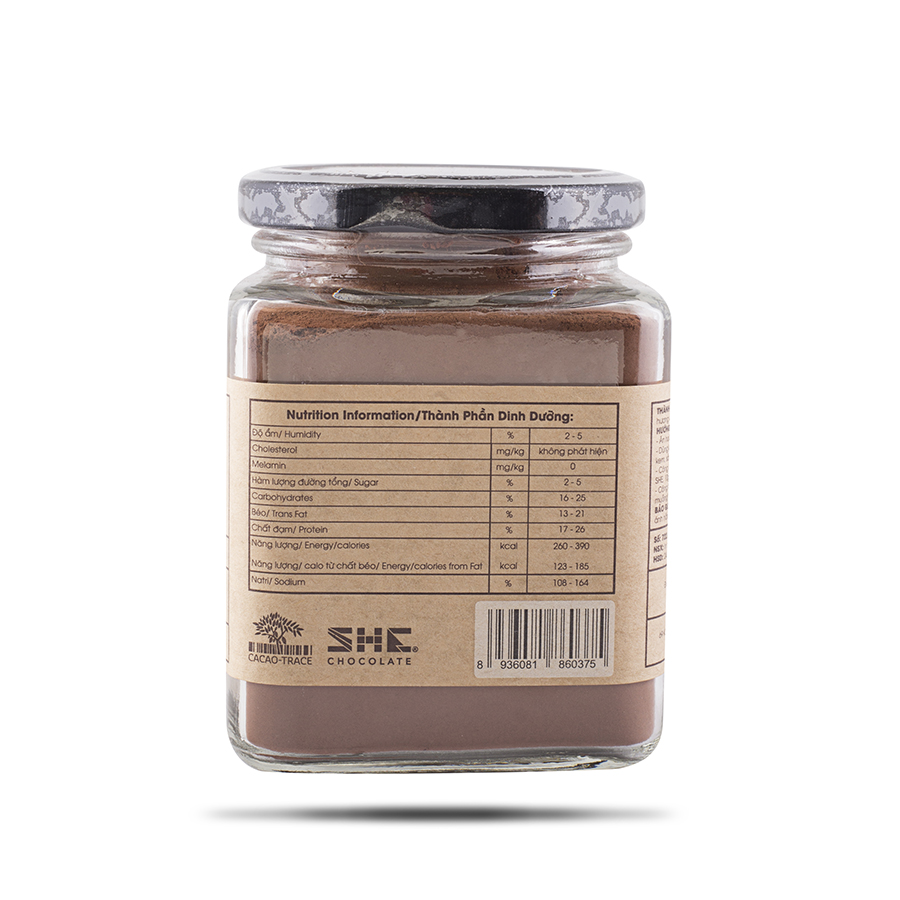 Bột Socola SHE nguyên bản - Hũ thủy tinh 170g - SHE Chocolate. Bổ sung năng lượng, tốt cho sức khỏe và dinh dưỡng, pha uống nóng/ đá tiện lợi. Quà tặng sức khỏe, quà tặng người thân, dịp lễ