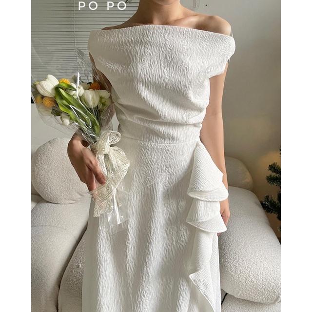 ROSE DRESS Đầm trễ vai gân sóng xếp 1 bên