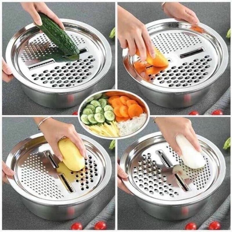 Bộ Bào Nạo Rau Củ Kiêm Rổ Và Chậu Inox Cao Cấp 3 Trong 1