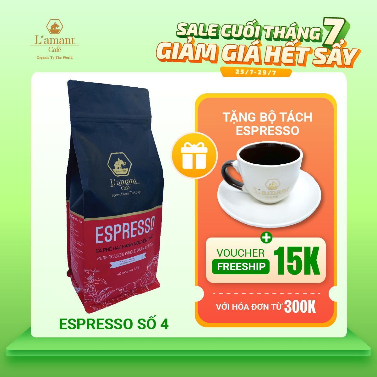 Cà phê nguyên chất L'amant Espresso 10% Arabica &amp; 90% Robusta hạt pha máy túi 1kg No.06