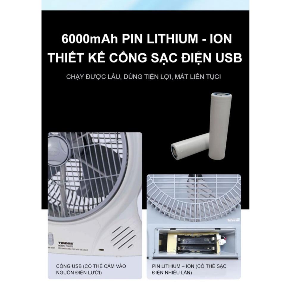 Quạt sạc tích điện TS9172, đường kính 30cm, pin 6000mAh sử dụng, thời gian sử dụng từ 3h – 5h - Hàng chính hãng