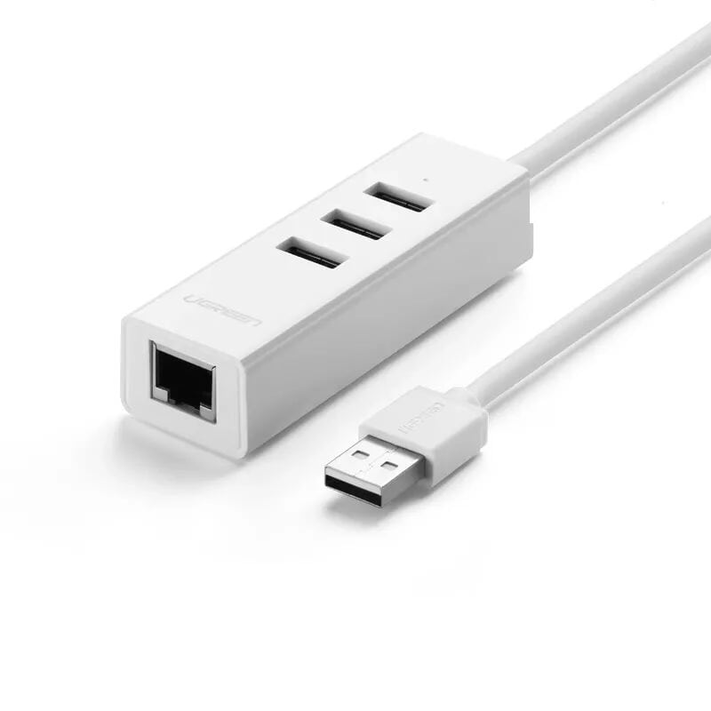 Cáp chuyển đổi USB 2.0 Sang 1*Lan RJ45 hổ trợ 100Mbps, 3*USB 2.0 dây dài 35cm màu Trắng Ugreen UNW30299CR129 hàng chính hãng