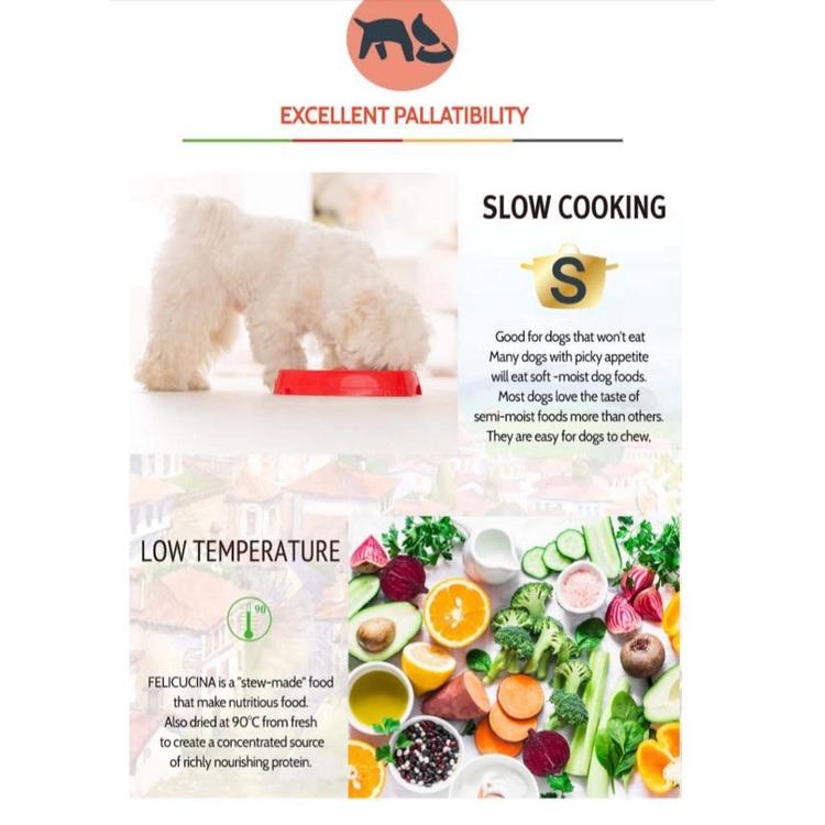 Hạt mềm cho Chó Feli-Cucina 1.2Kg không tinh bột vị Thịt Bò, Thịt Vịt &amp; Cá hồi chó trên 3 tháng tuổi kén ăn