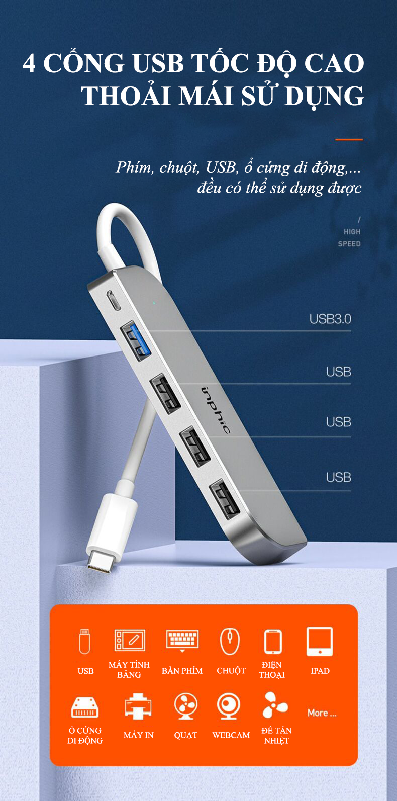 Cổng mở rộng Hub USB INPHIC H6PRO tốc độ cao với 4 cổng USB phù hợp với mọi loại máy tính, laptop, điện thoại - Hàng Chính Hãng