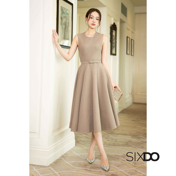 Đầm sát nách xòe xếp ly kèm đai thời trang SIXDO
