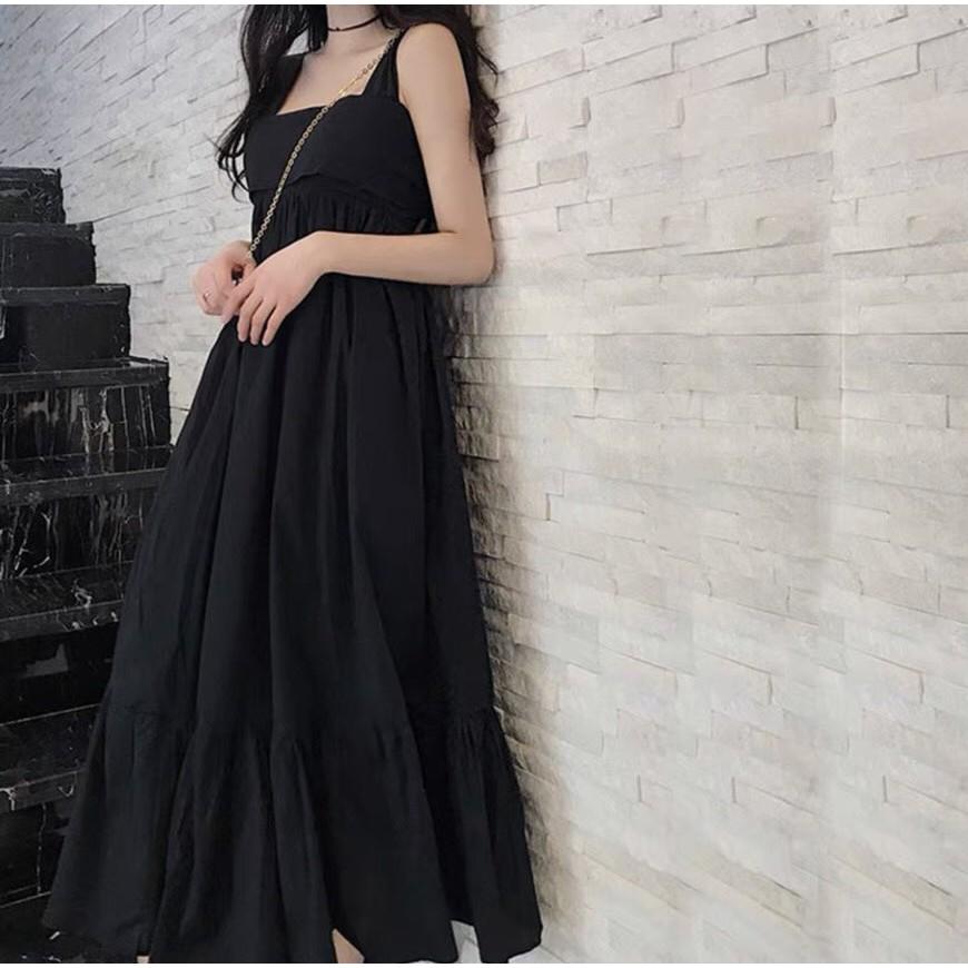 Đầm Xòe Váy Đẹp 2 Dây Đan Dây Nơ Lưng Siêu Xinh Cùng Họa Tiết Trơn Đen Trắng Trên Nền Vải Cao Cấp
