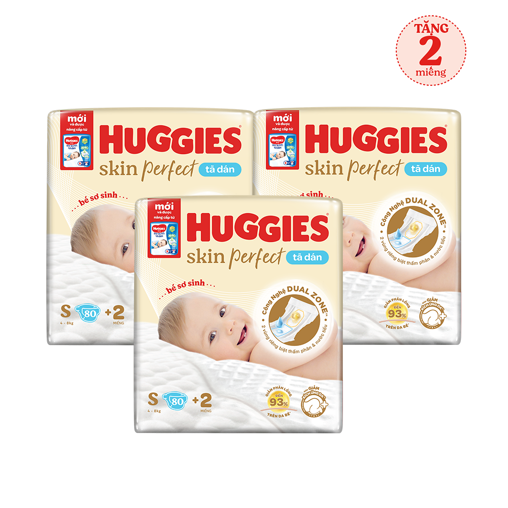 Combo 3 gói Tã/bỉm dán sơ sinh Huggies Skin Perfect  S 80+2 miếng với 2 vùng thấm giảm kích ứng da