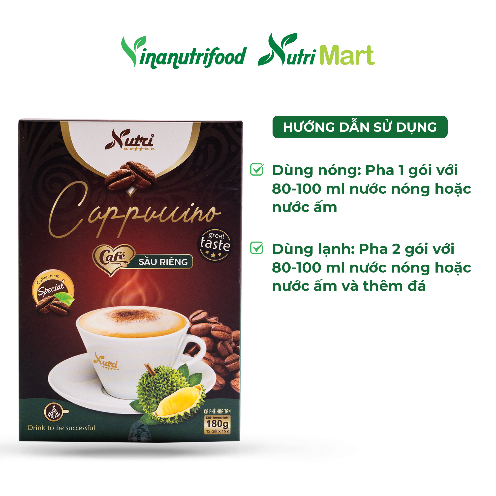 Cà phê capuchino sầu riêng Vinanutrifood C02, cafe sở hữu hương vị đặc trưng, thơm ngon hấp dẫn phù hợp mọi đối tượng, giúp giải tỏa căng thẳng, mệt mỏi, đảm bảo an toàn thực phẩm đáp ứng đầy đủ tiêu chuẩn GMP - WHO (15g x 12 gói)