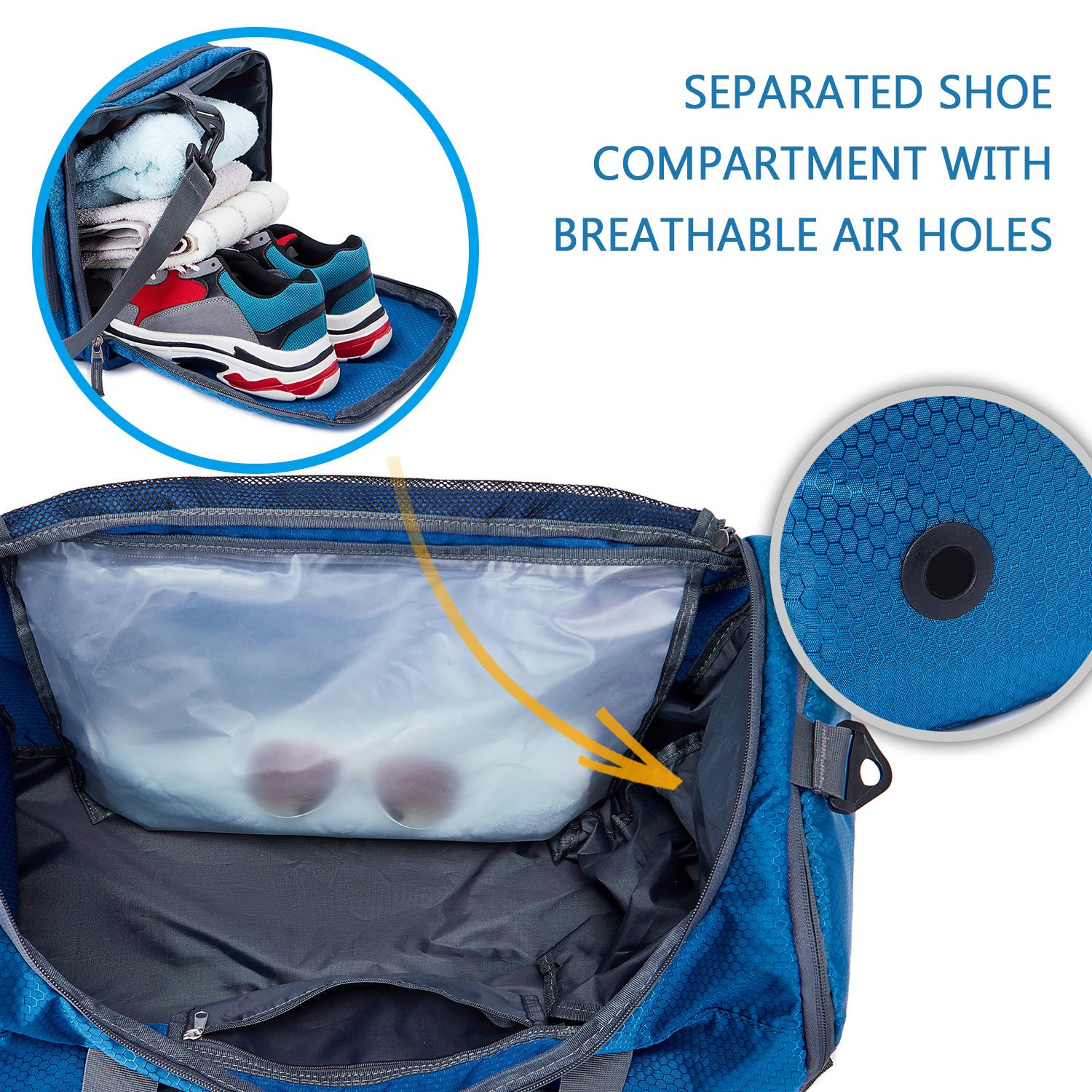 Túi tập thể dục thể thao 45L bằng vải nylon chống nước và rách chất lượng cao với túi đựng giày ướt