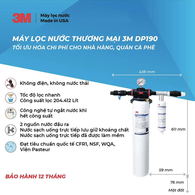 Máy Lọc Nước 3M DP190 Công Suất Lớn Dành Cho Thương Mại Horeca Nhà Hàng Quán Cafe - Nhập Khẩu Mỹ, Hàng Chính Hãng 3M