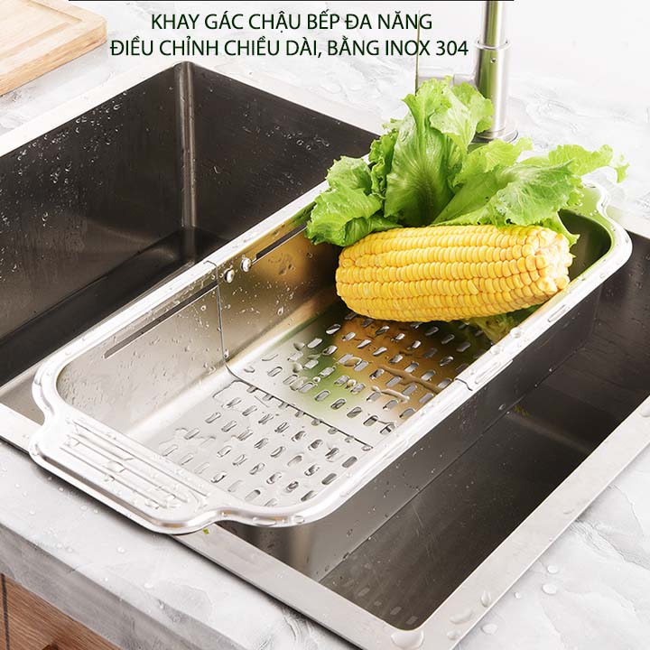 Khay rổ inox 304 gác chậu bếp thông minh xếp gọn, để đồ đa năng