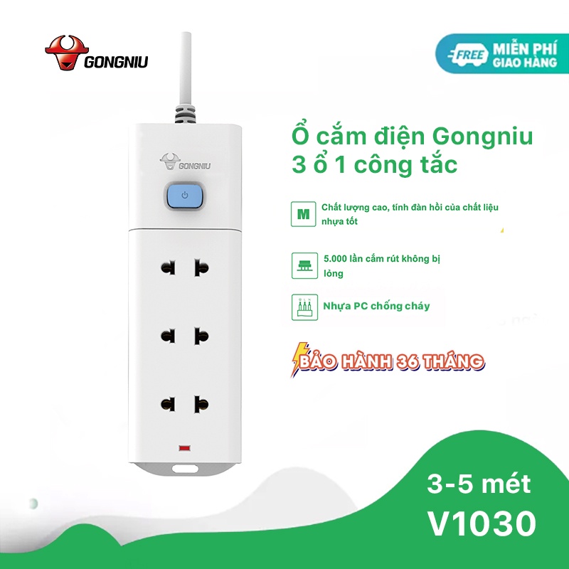 Ổ Cắm Điện Gongniu Đa Năng 3 Ổ 1 Công Tắc – Công Suất 10A/250/2500W – Trắng – Chính Hãng (V1030)