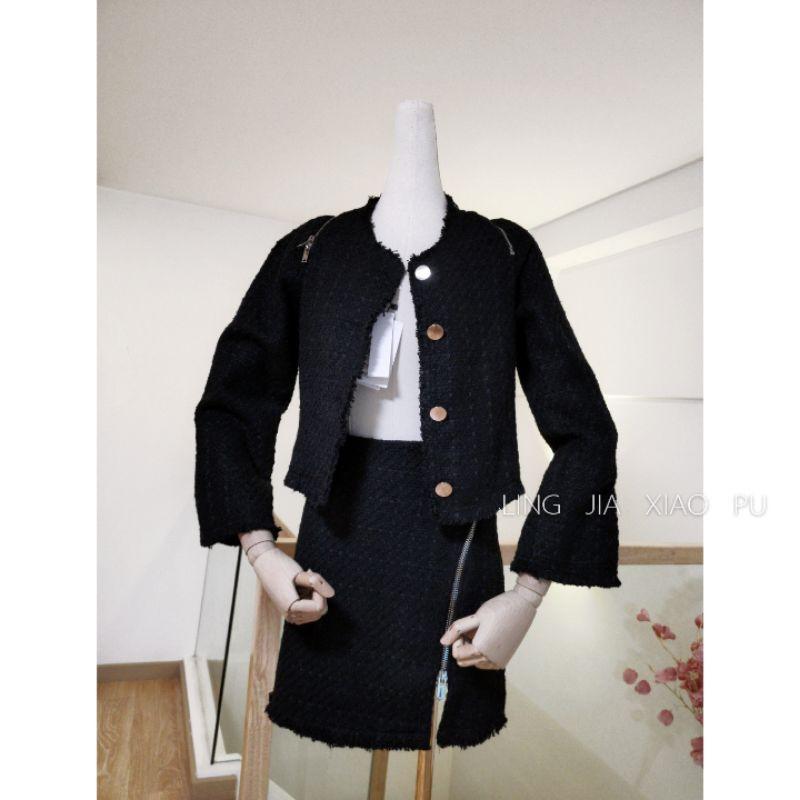 Set dạ tweed đen kéo khóa