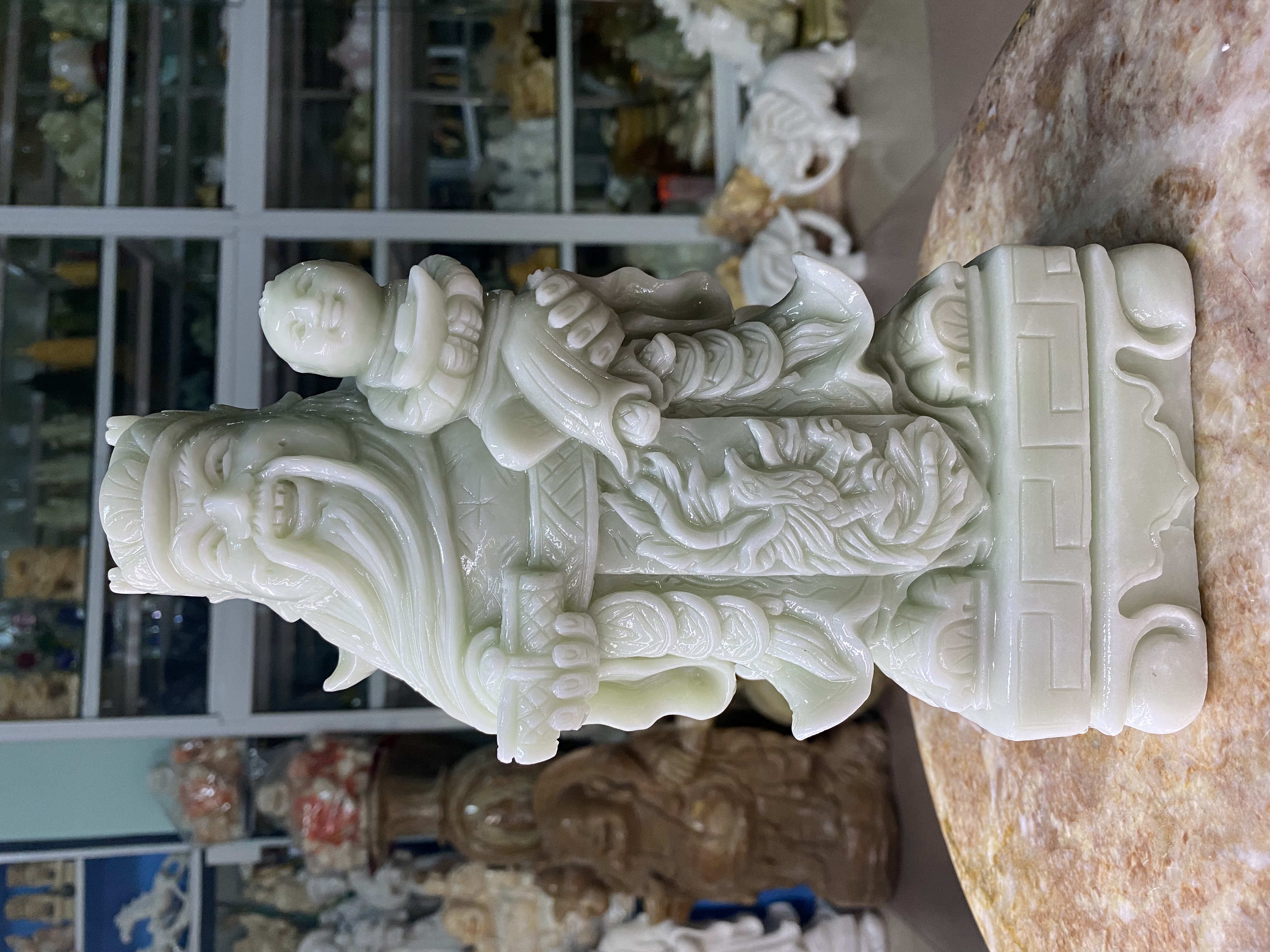 Bộ Tượng Tam Đa Đá Cẩm Thạch Trắng Xanh - cao 25cm