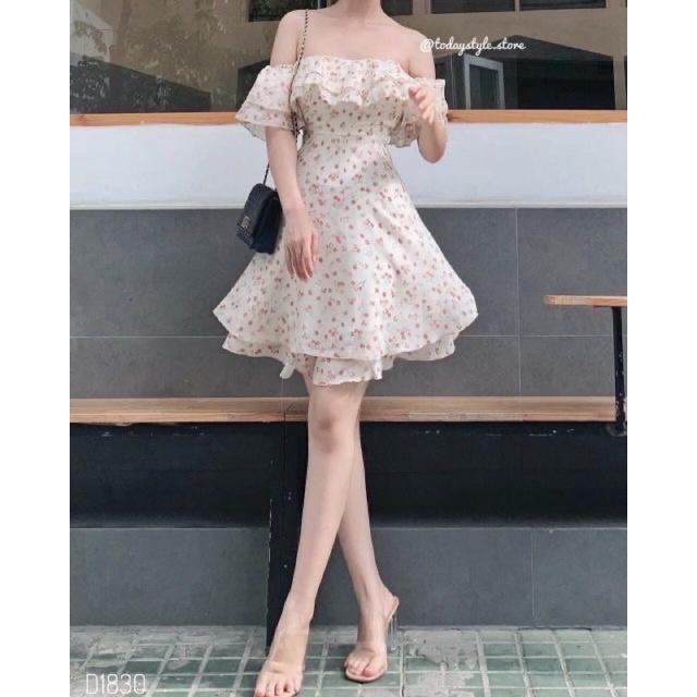 Đầm hoa trễ vai tay bèo mút ngực