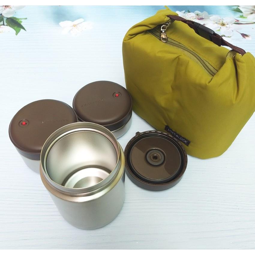 Bộ 3 hộp cơm giữ nhiệt Lock&Lock mushroom lhc8025slv - Hàng chính hãng, có kèm túi và đôi đũa inox - Hapos