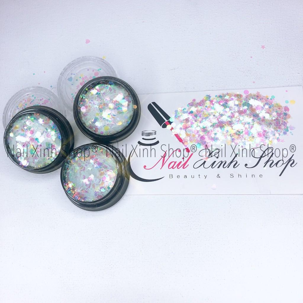 Sequin hủ trắng đa sắc trang trí móng nail nghệ thuật, phụ kiện nail cao cấp (mix ngôi sao,trái tim, tròn, lục giác)