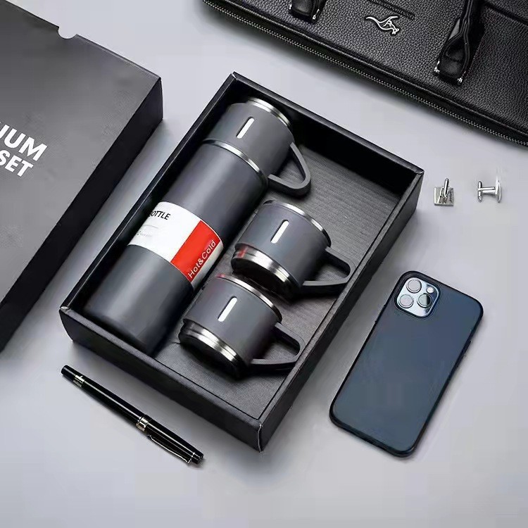 Set Bình Giữ Nhiệt + 2 Ly Cách Nhiệt Vacuum Flask 500ml Inox Cao Cấp MÀU XÁM SÁNG TƯƠI VÀ ĐEN  - Dru Hàng Chính Hãng