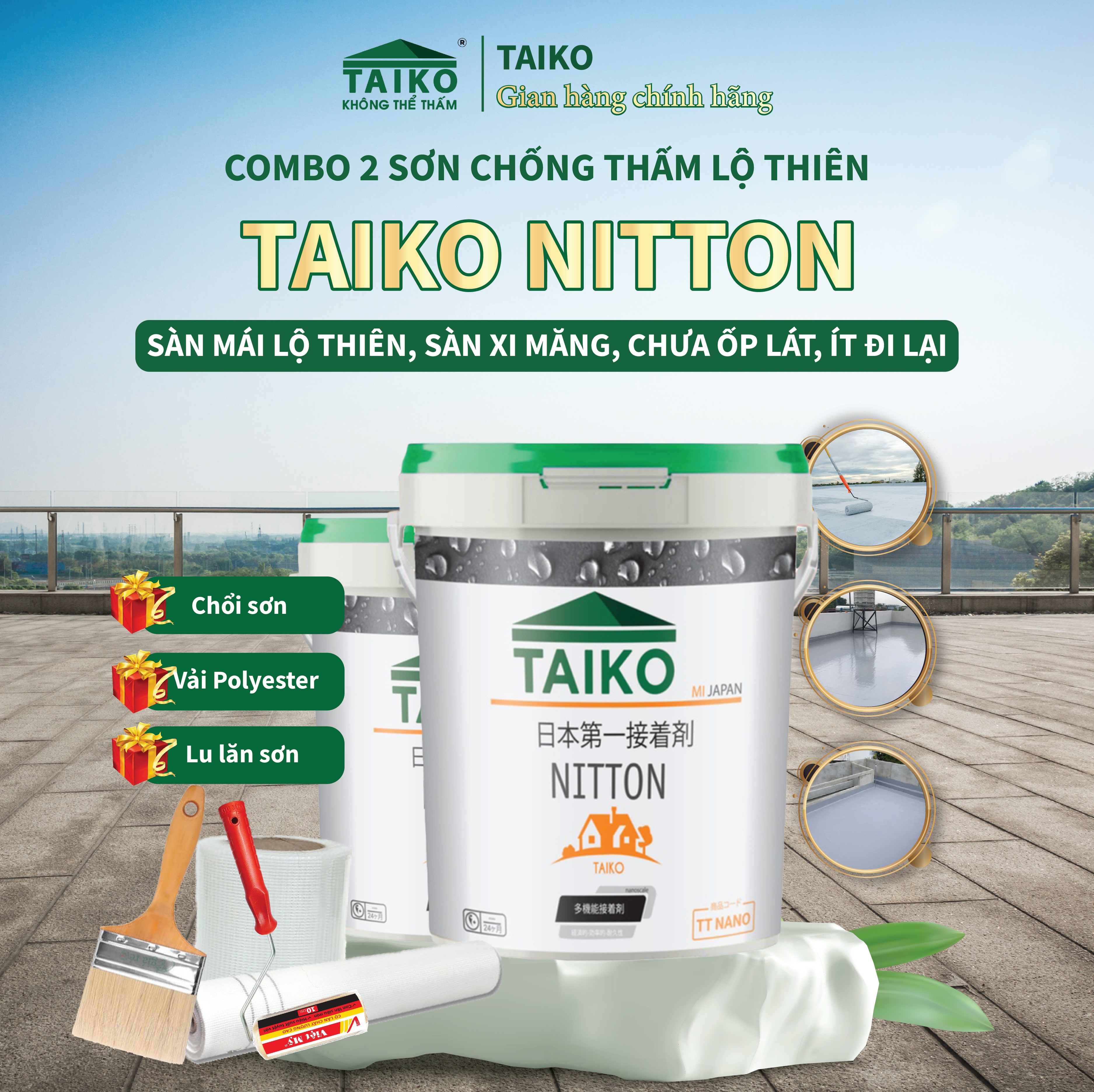 1Kg, 5Kg, 10Kg, 18Kg Sơn Chống Thấm Sàn Mái Lộ Thiên TAIKO NITTON Gốc Acrylic – Tặng Kèm Vải Kết Cấu Và Chổi Lăn Sơn – Chống Thấm Sàn Mái, Máng Xối, Ban Công Lô Gia, Bể Nước, Bể Cá, Bề Mặt Cát Xi Măng Hiệu quả hơn khi pha với Xi Măng – 5L – Trắng