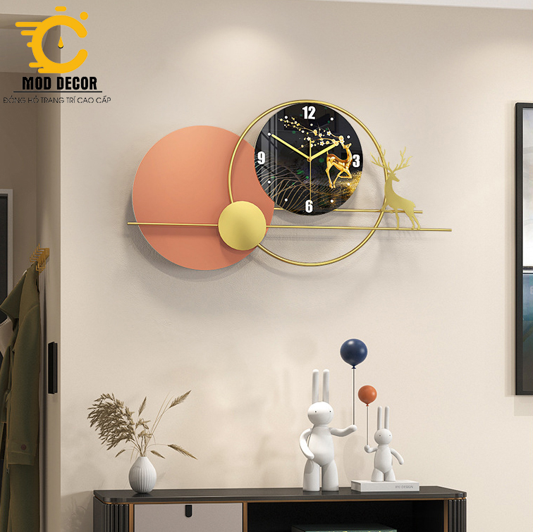 Đồng hồ treo tường trang trí hươu tài lộc 080 cỡ đại cho phòng khách