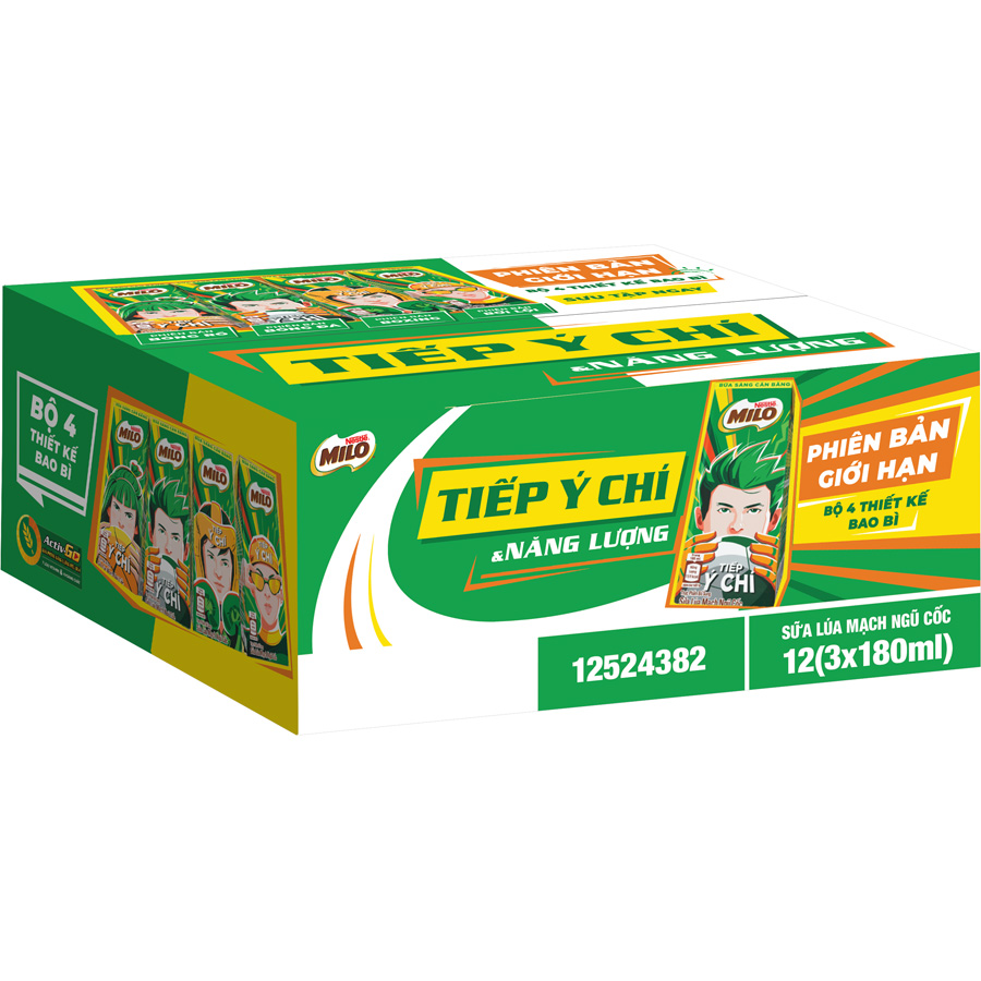 Sữa Lúa Mạch Nestlé Milo Bữa Sáng Thùng 36 Hộp x 180ml (12x3x180ml) - [Tặng Túi Đeo Chéo Hình Giày - Giao mẫu ngẫu nhiên]