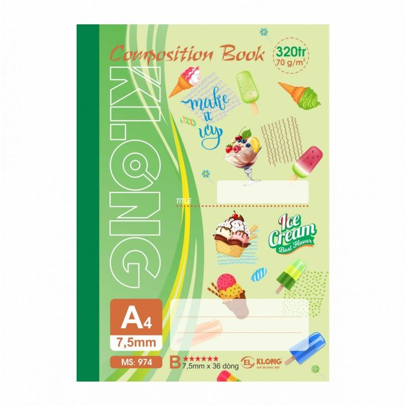 Sổ kẻ ngang may dán gáy Composition book KLONG A4 320 trang 70/92; MS: 974