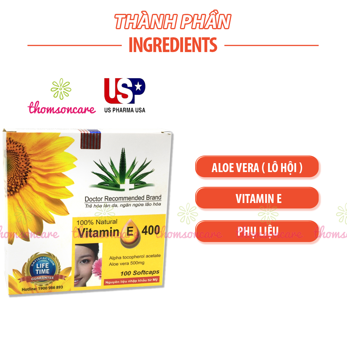 Viên uống Vitamin E 400 hướng dương - Giúp làm đẹp da, ngăn ngừa lão hóa, tốt cho sinh lý, giúp tóc chắc khỏe - Hộp 100v