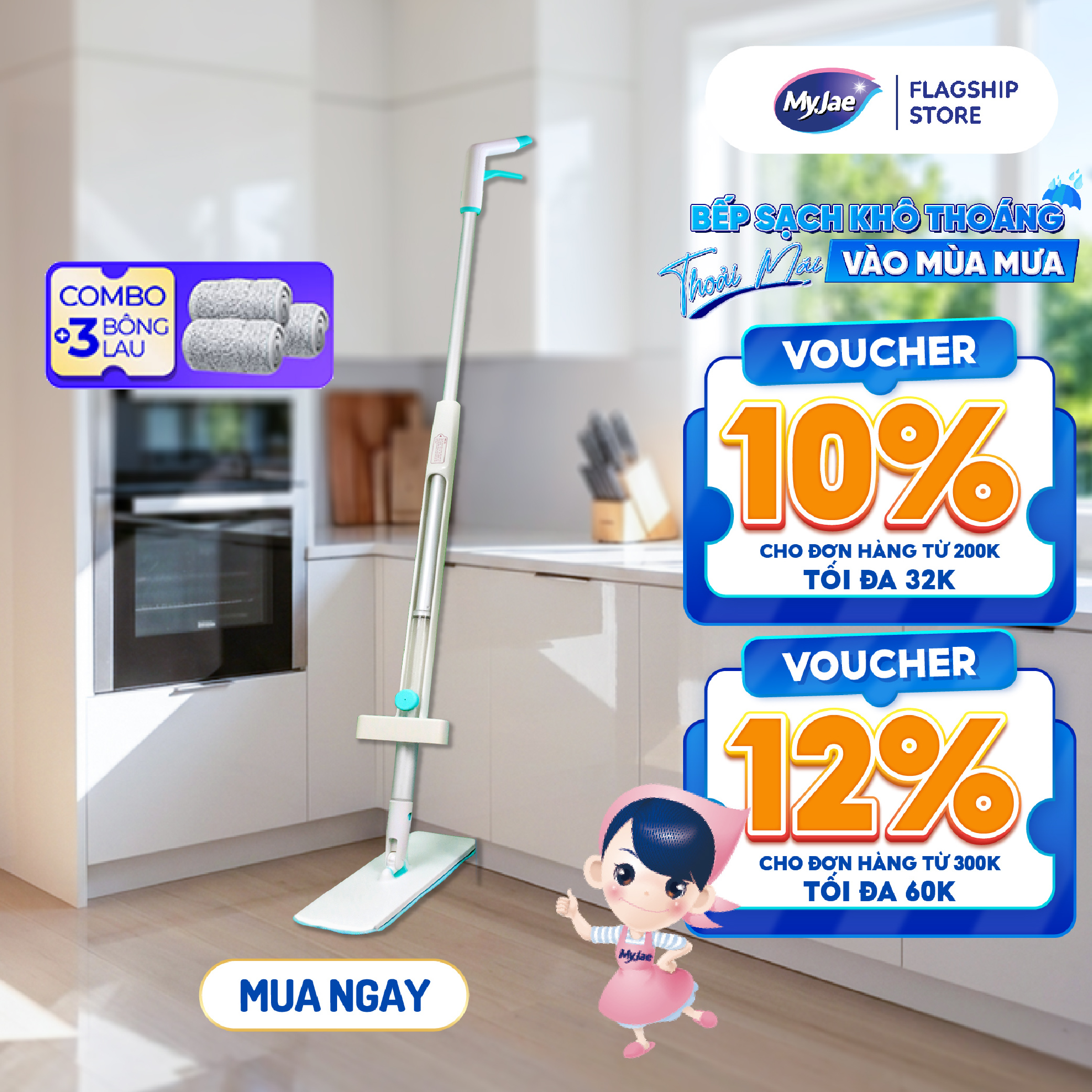Combo 3 Bông Lau 1 Cây Lau Nhà MyJae Sợi Microfiber Tự Vắt Phun Sương Xoay 360 Độ Thông Minh 138cm