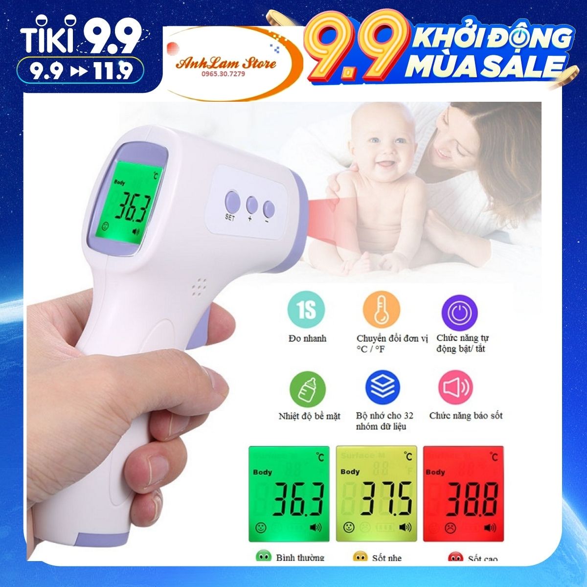 [Tặng kèm pin] Máy nhiệt kế đo trán, đo sữa cho bé bằng tia hồng ngoại cao cấp dùng cho cả gia đình - Anhlam Store