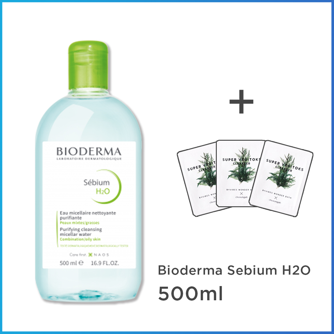 Nước Tẩy Trang Cho Da Dầu Mụn BIODERMA Sébium H2O 500ml + Tặng 3 gói sữa rửa mặt thải độc Super Vegitoks Cleanser 3ml