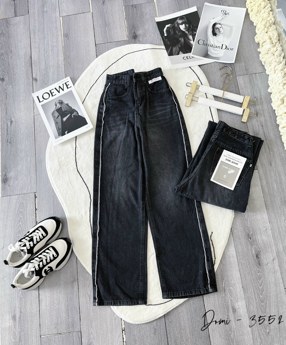 Quần jean nữ dáng suông quần baggy jean ống suông cạp cao chất bò dầy phối sọc thời trang