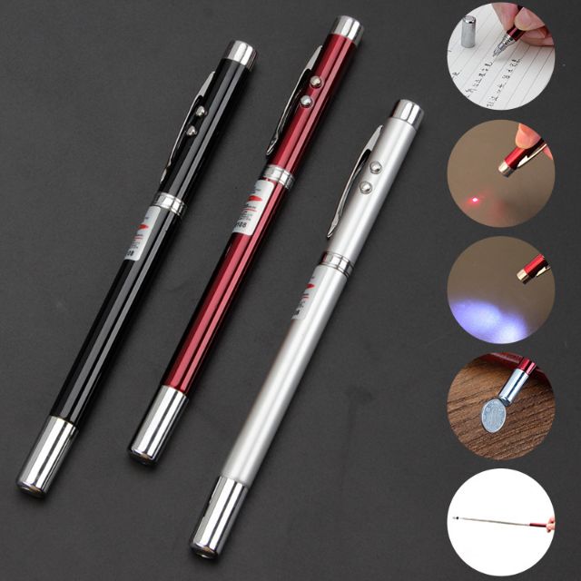 Bút Laser Trình Chiếu 5 Chức Năng Trong 1 Vỏ Kim Loại Mạ Màu Bạc Hộp Thiếc Tặng Kèm 3 Pin - HENRYSA