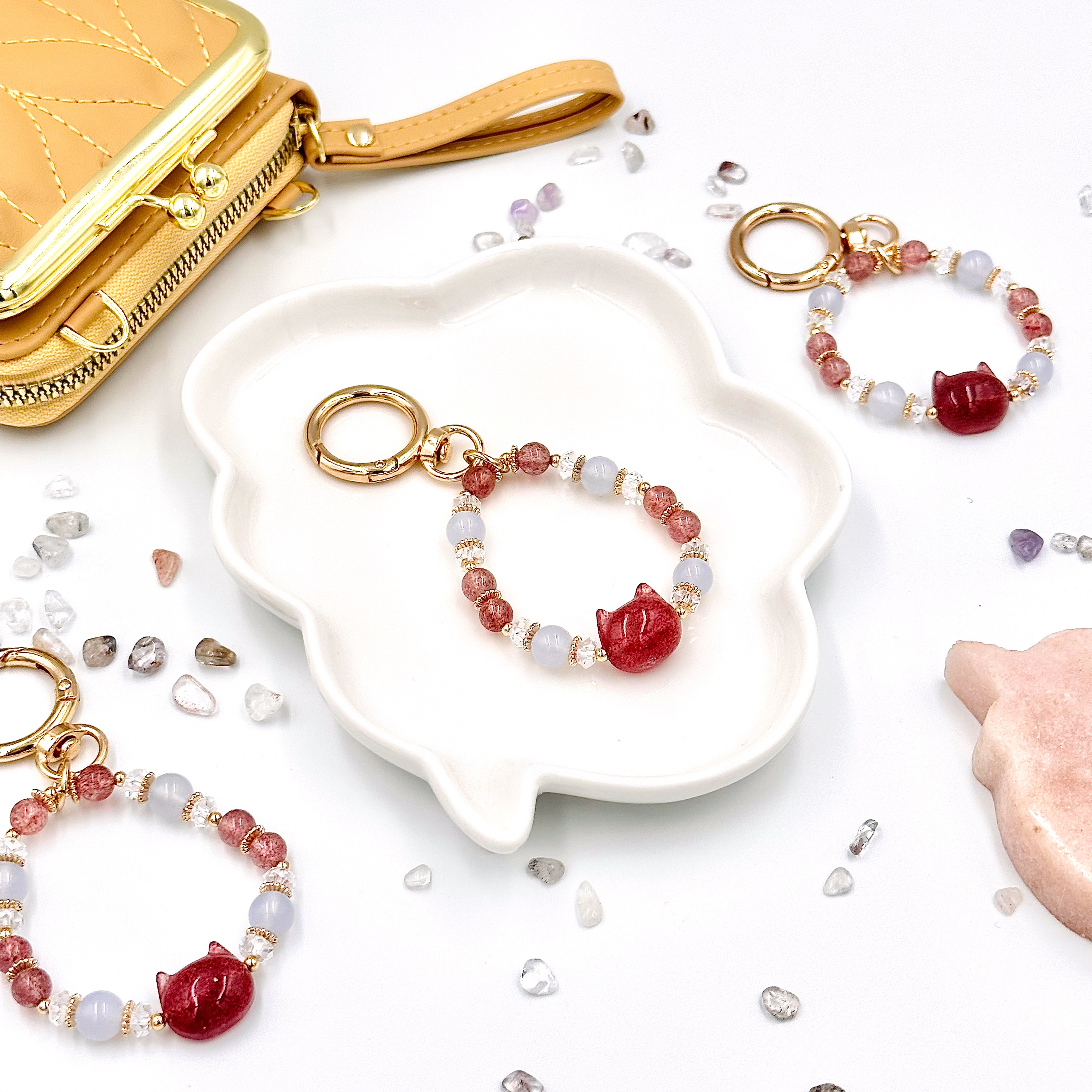 CRZ Bag Charm - Phụ Kiện - Opalite With Strawberry Quartz Cat Head - Móc Khóa Vòng Tay Đá Opal Kèm 1 Charm Thạch Anh Dâu Hình Đầu Mèo