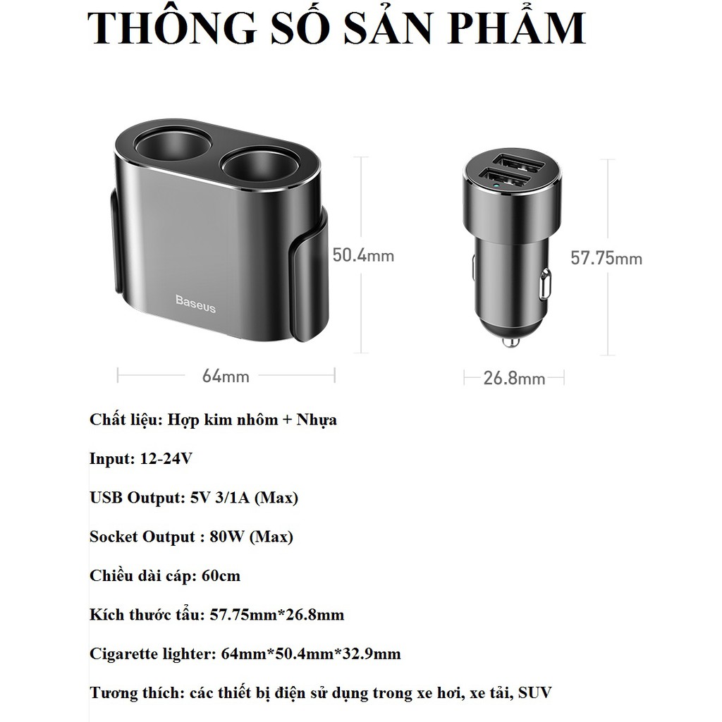Thiết bị chia tẩu ô tô thành 2 tẩu và 2 cổng sạc điện thoại USB Baseus  Dual USB Car Charger Multi-split charger _ Hàng chính hãng