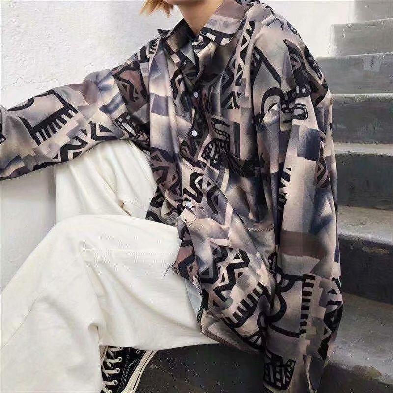 Áo Sơ Mi Dài Tay Dáng Rộng In Họa Tiết Cá Tính Dành Cho Nam / Size M-3Xl