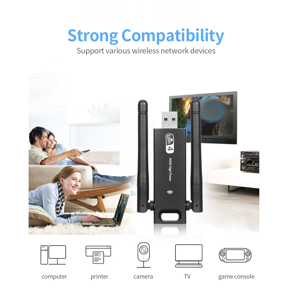Bộ chuyển đổi USB không dây-N 2.4G Tốc độ truyền 300Mbps Bộ điều hợp WiFi 4 USB với ăng-ten kép
