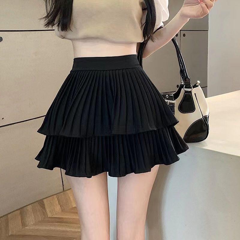 SHUANGYAN Váy bánh xếp li ngọt ngào hai lớp 2023 Mùa xuân và mùa hè cao eo nhỏ nửa người váy ngắn chữ A