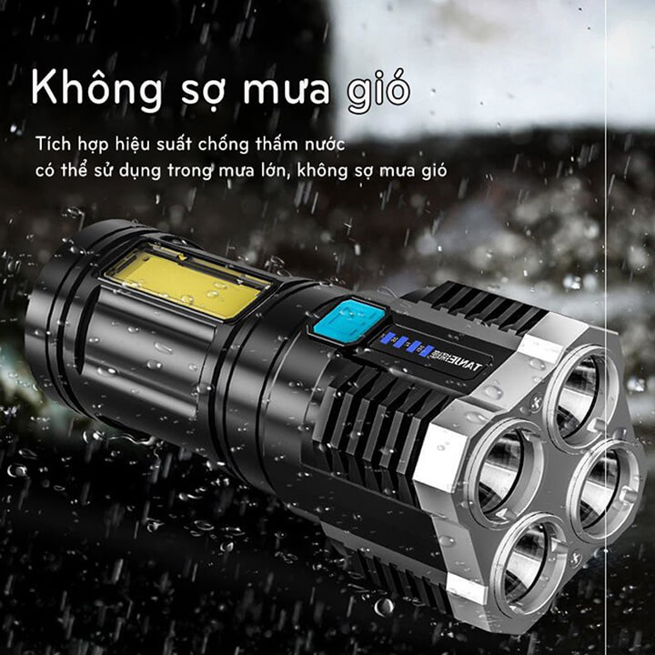 Đèn pin chống nước cầm tay siêu sáng 5 bóng, pin trâu đèn pin led sạc tích điện 4 chế độ sáng