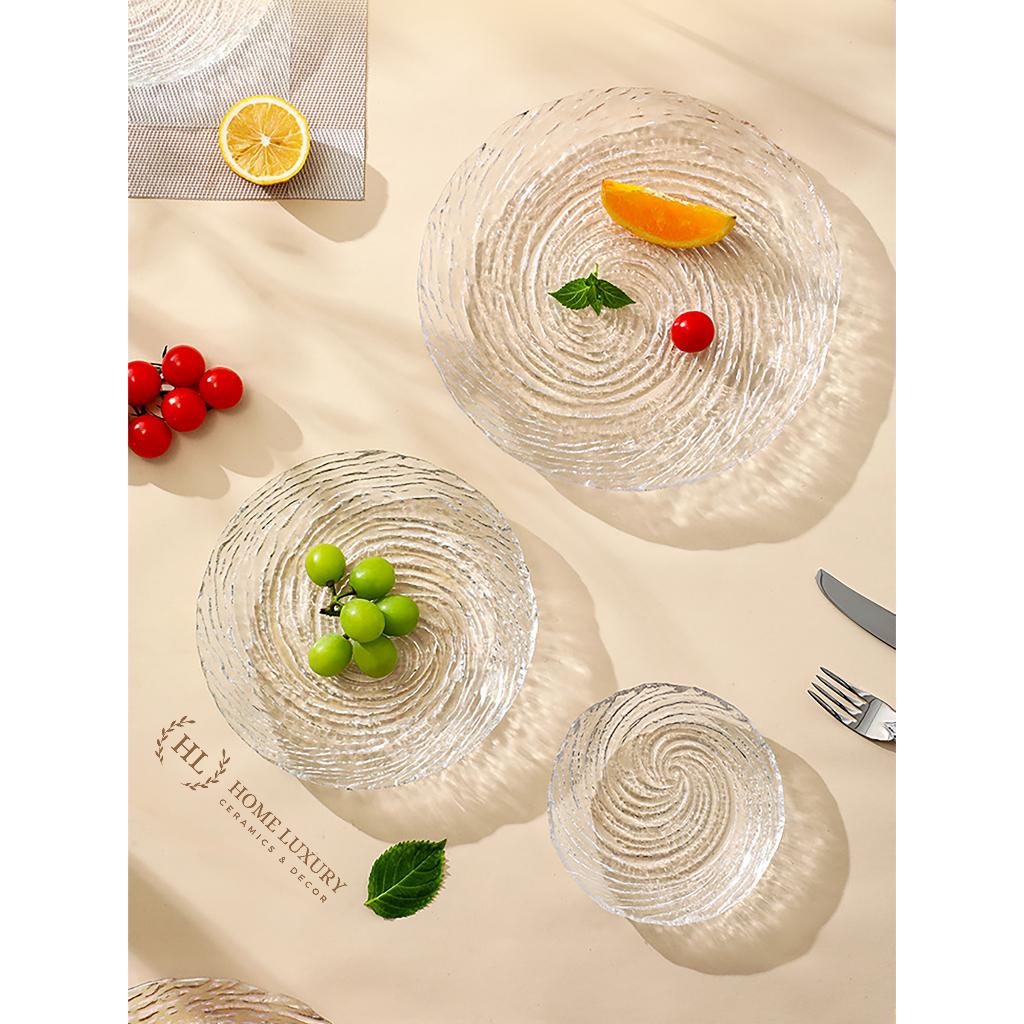 Bát đĩa vân nham thạch | Tô dĩa thủy tinh Borosilicate vân xoáy Decor chịu nhiệt họa tiết đá dùng trong lò vi sóng