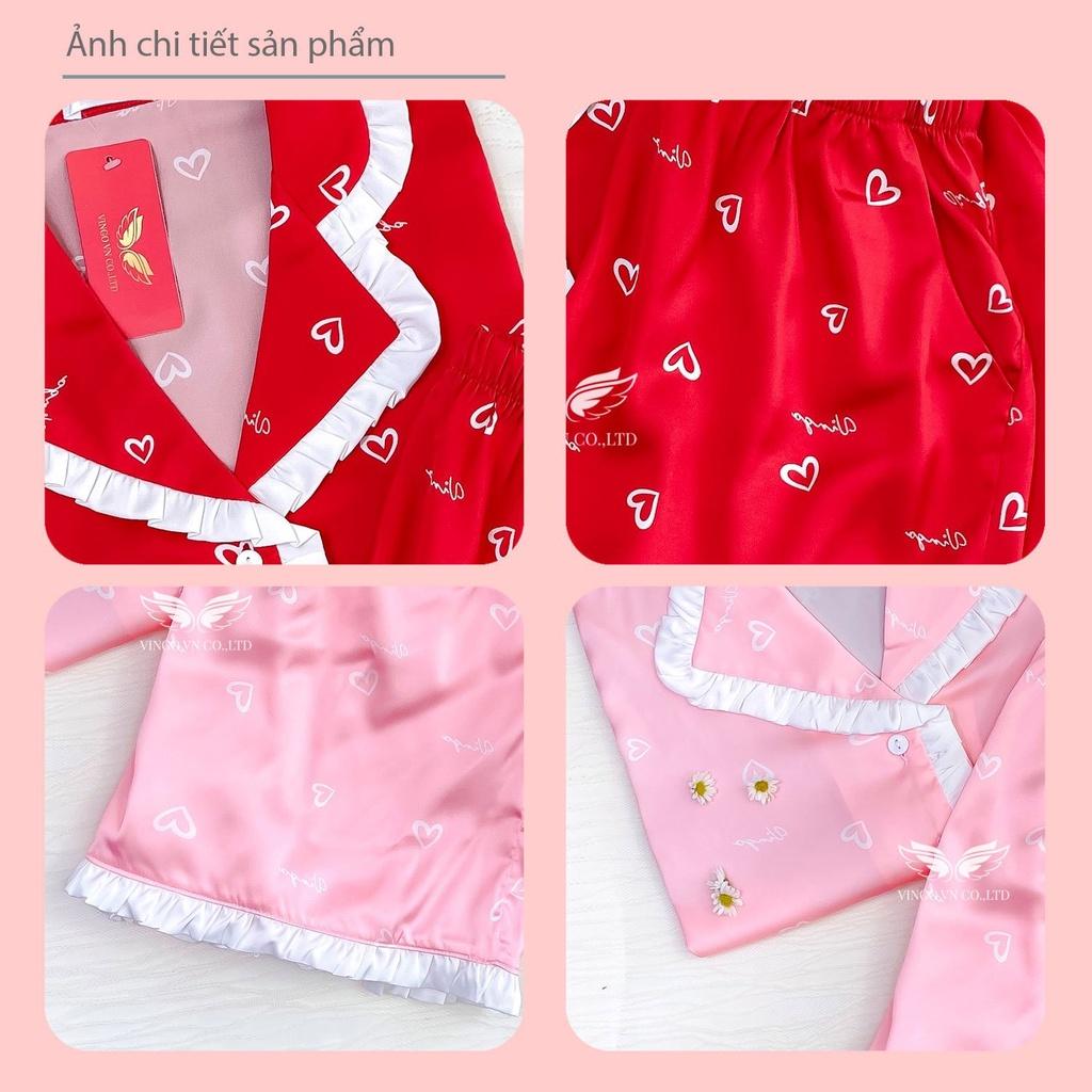 Đồ bộ nữ mặc nhà Pijama lụa Pháp VINGO tay ngắn quần đùi viền trắng xếp ly họa tiết trái tim mặc hè thoải mái H664 VNGO