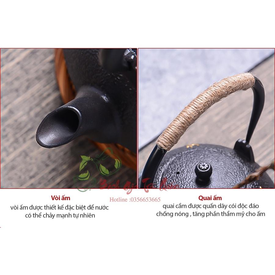 Ấm Gang Tetsubin - Quai Gang Quấn Dây Cói - Họa Tiết Liên Hoa Chuồn Chuồn - Dung Tích 1200ml