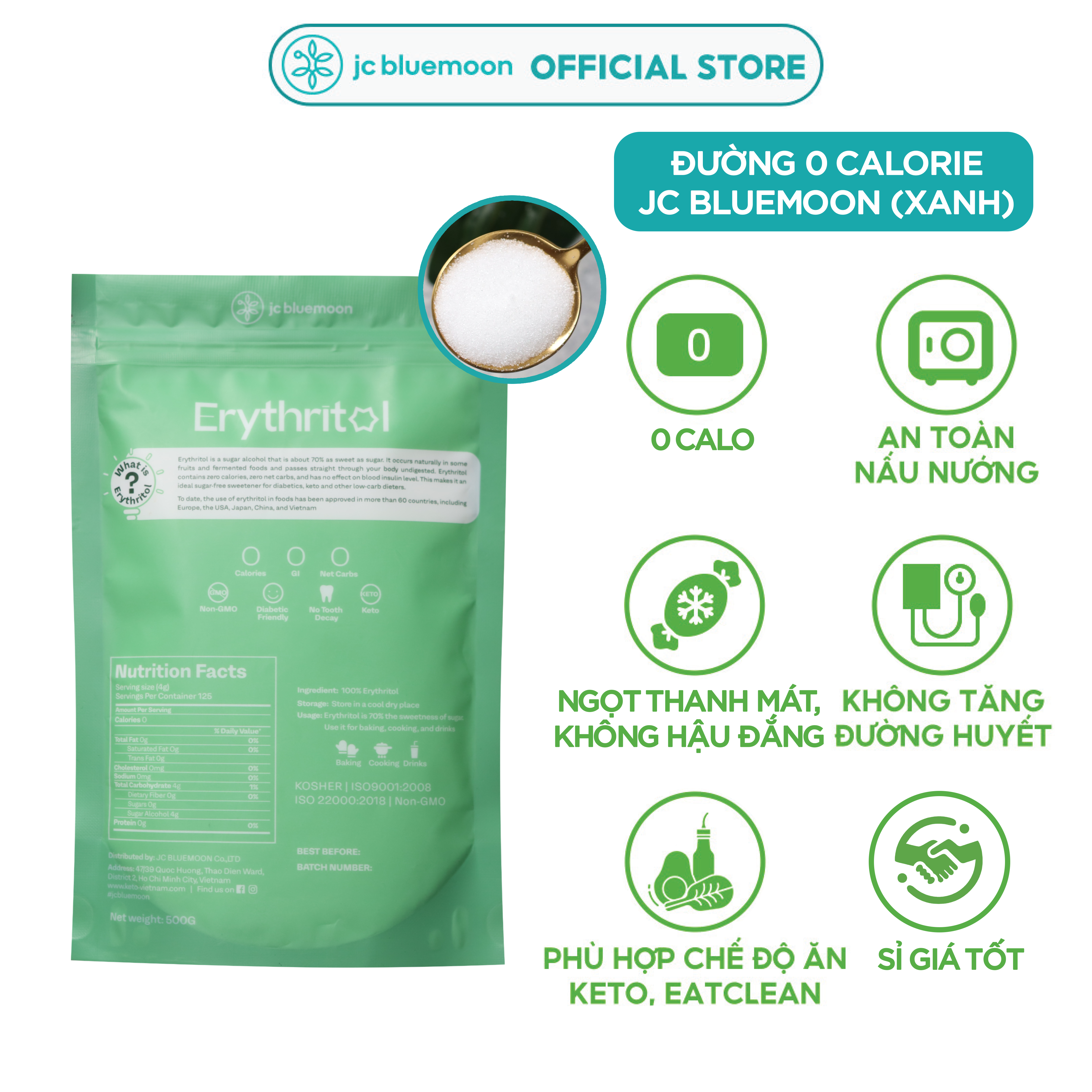 Đường Erythritol 100% Tự Nhiên Không Calo 500G JC BLUEMOON