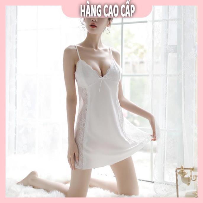 Váy ngủ lụa hai dây phối ren hông gợi cảm màu trắng kèm hình thật shop chụp  *